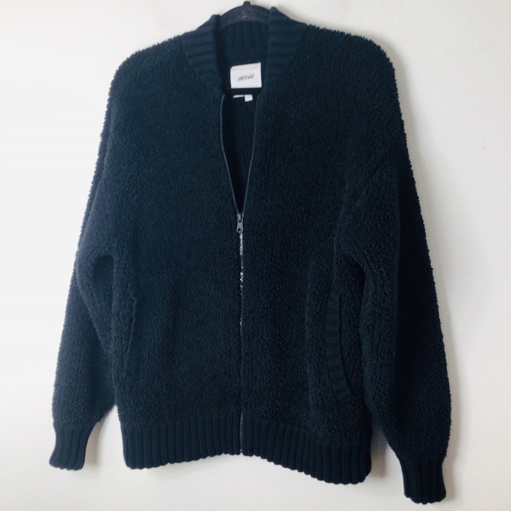 Aerie Black Fuzzy Knit Jacketxs women full zip